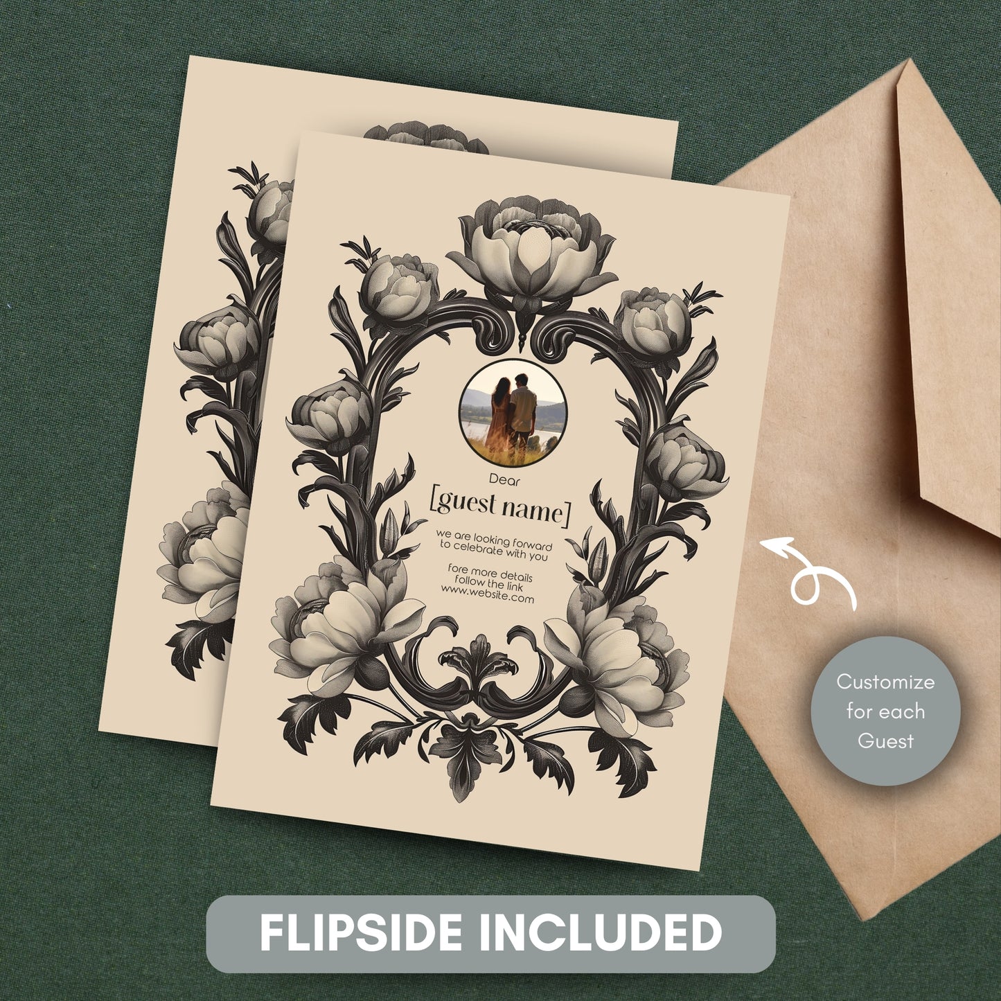 Dark Baroque Wedding Invitation Set - Vintage Beige Floral Design, Black Frame, Editable 8 items