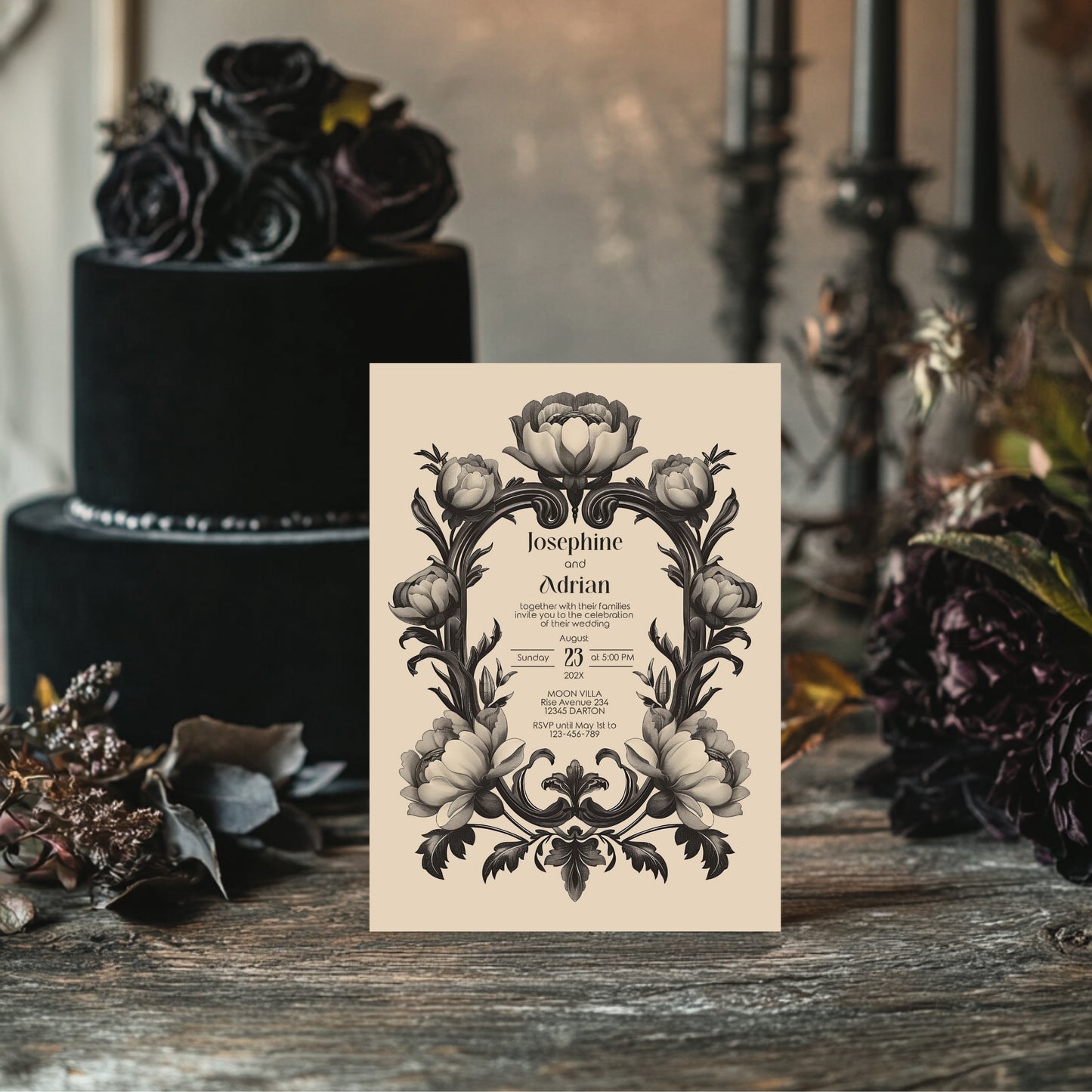 Dark Baroque Wedding Invitation Set - Vintage Beige Floral Design, Black Frame, Editable 8 items