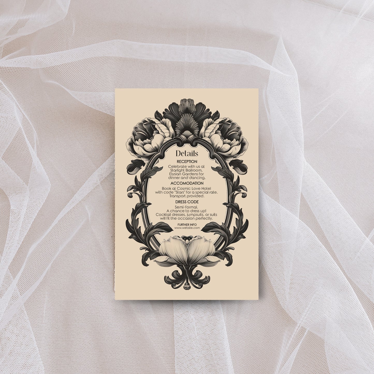 Dark Baroque Wedding Invitation Set - Vintage Beige Floral Design, Black Frame, Editable 8 items