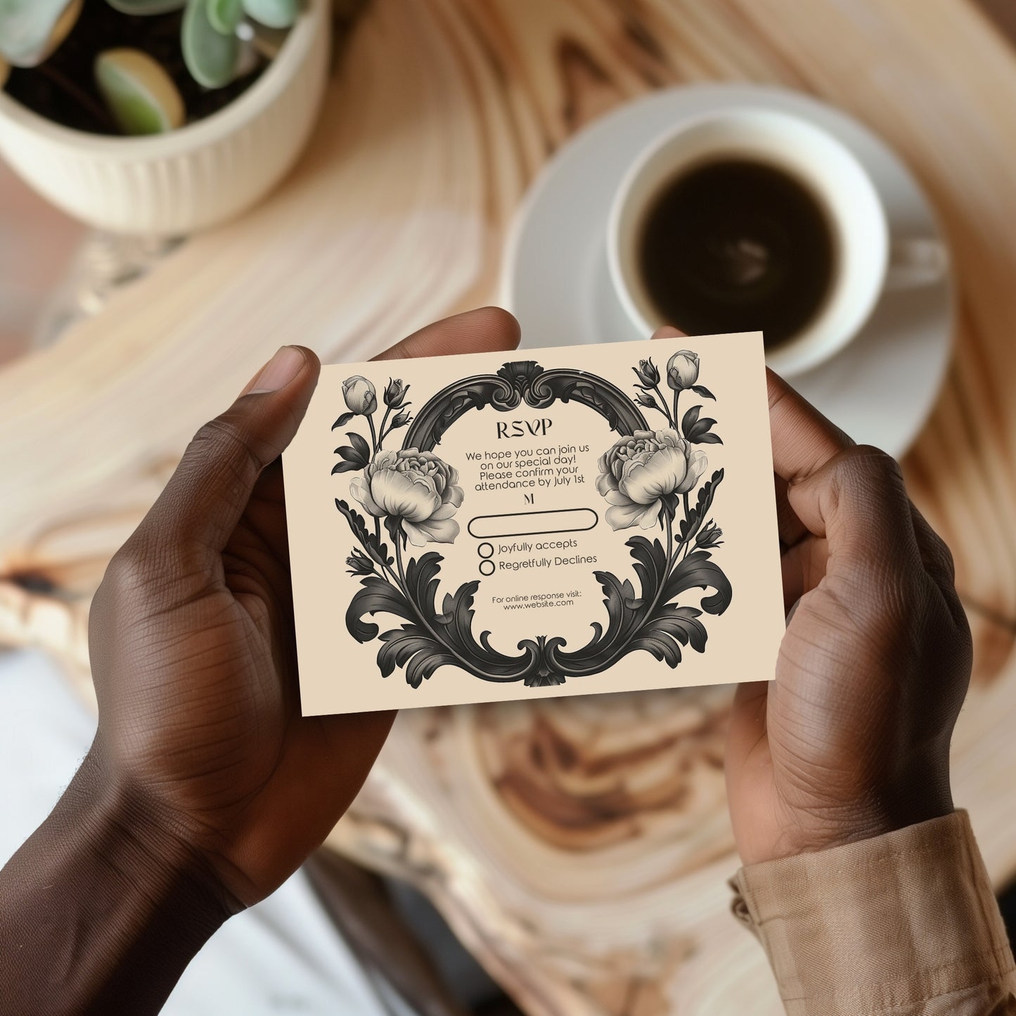 Dark Baroque Wedding Invitation Set - Vintage Beige Floral Design, Black Frame, Editable 8 items