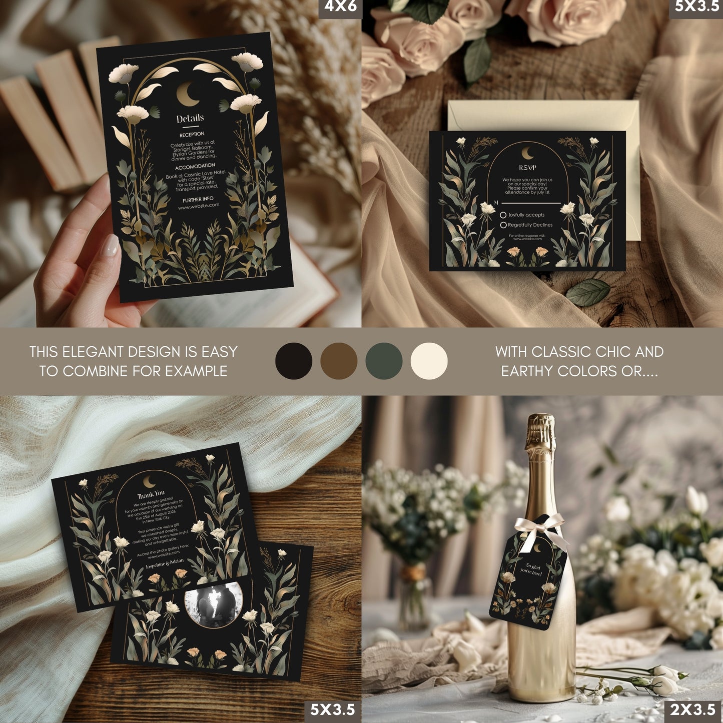 Dark Celestial Wedding Invitation Set - Black & Gold Stationery Bundle with Moon, 9-Items