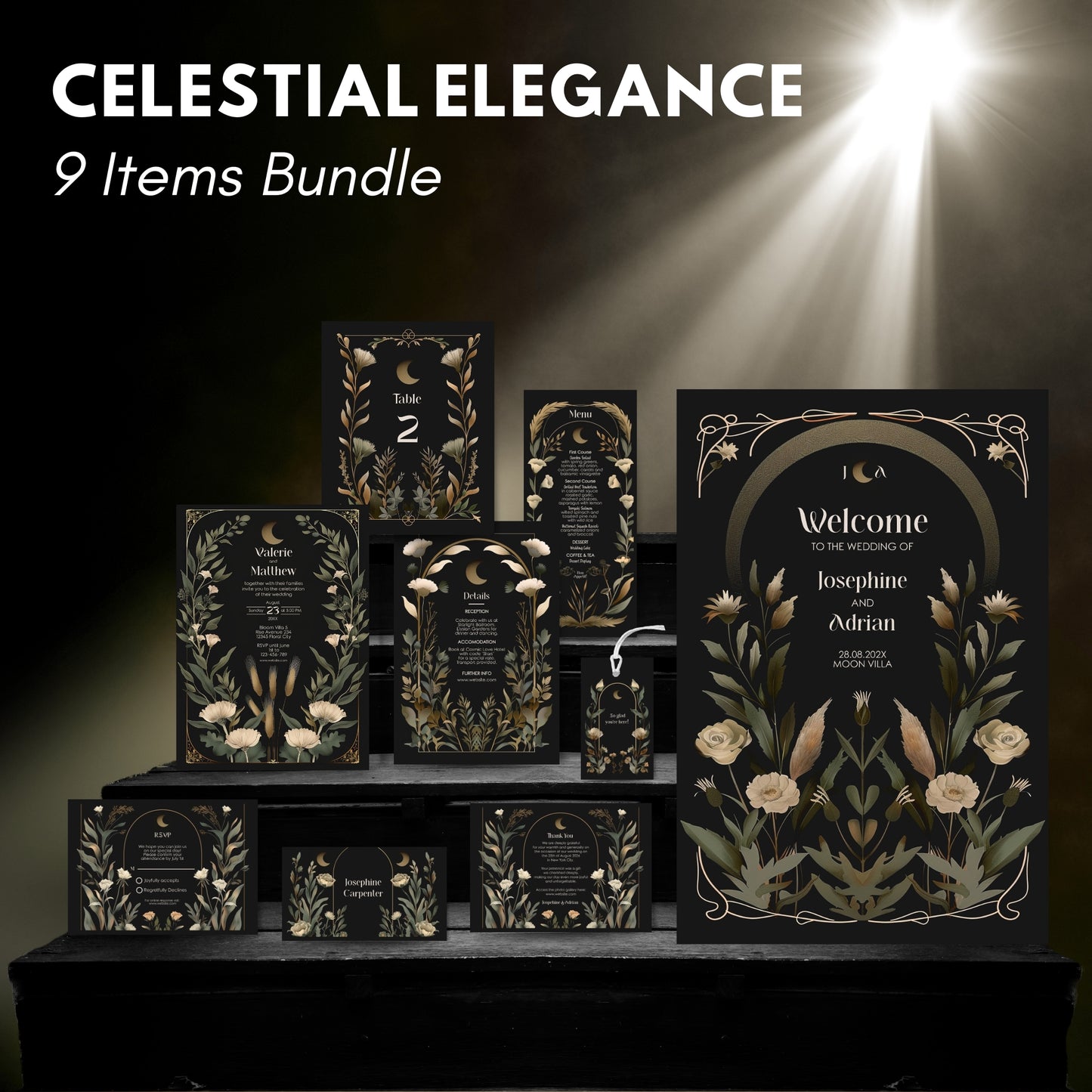 Celestial Elegance wedding invitation set with decorative elements on a dark background