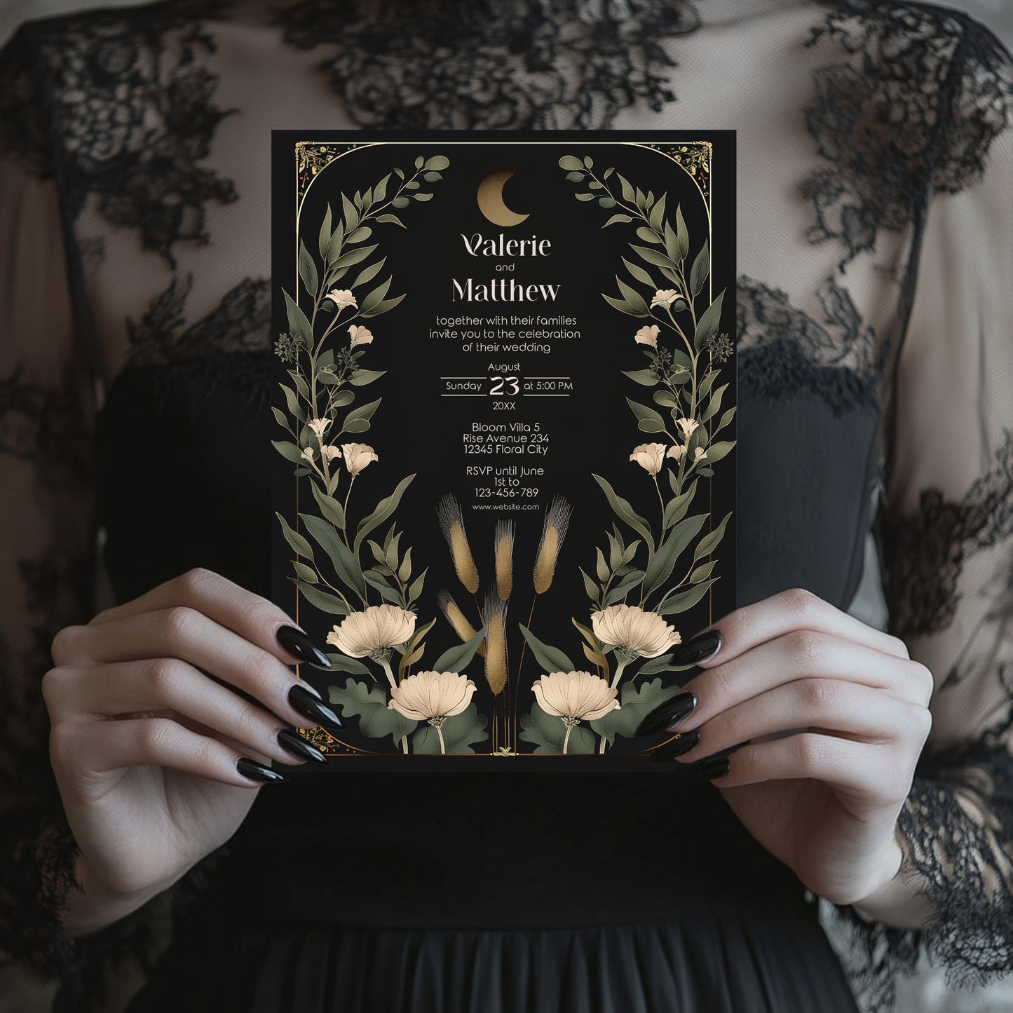 Dark Celestial Wedding Invitation Set - Black & Gold Stationery Bundle with Moon, 9-Items