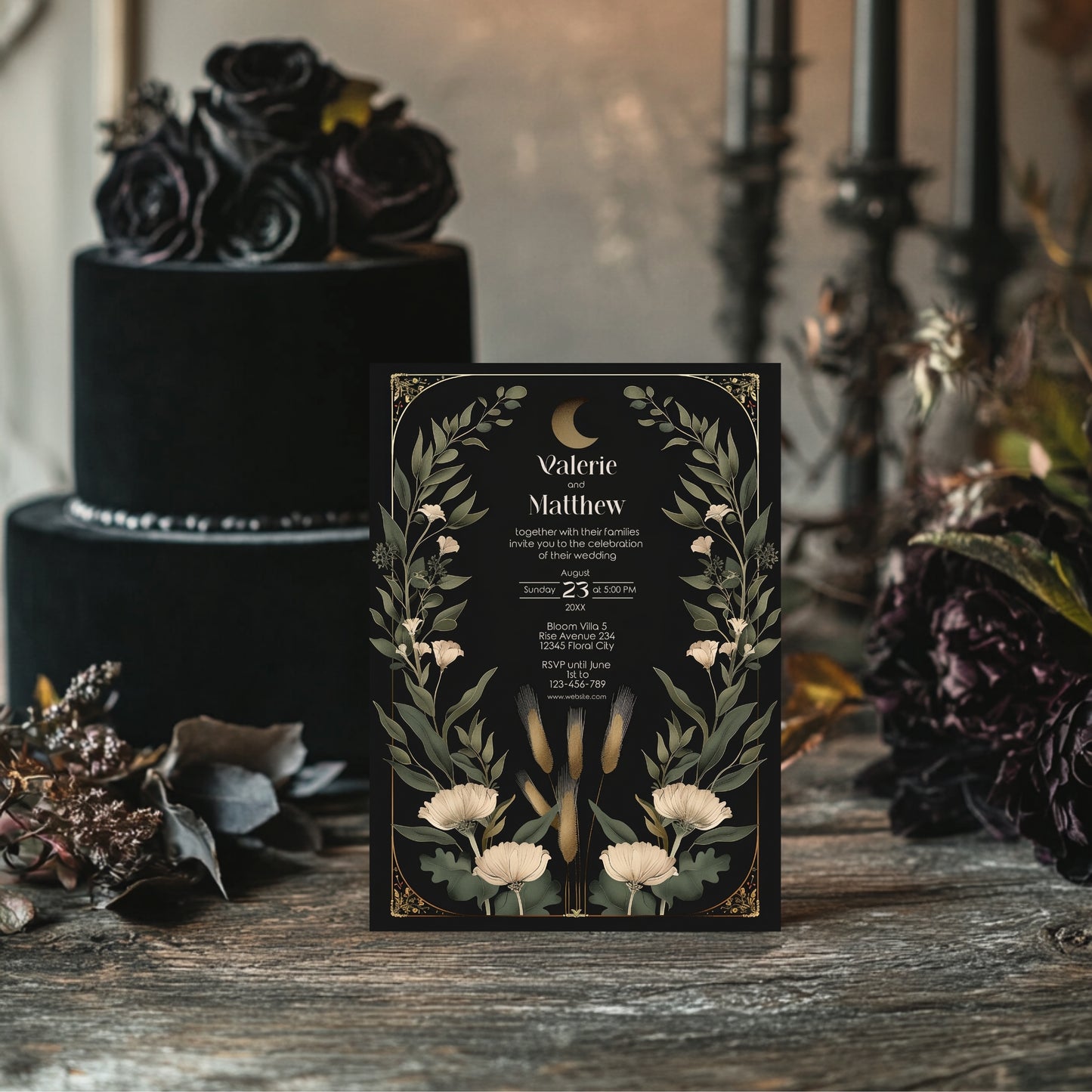 Dark Celestial Wedding Invitation Set - Black & Gold Stationery Bundle with Moon, 9-Items