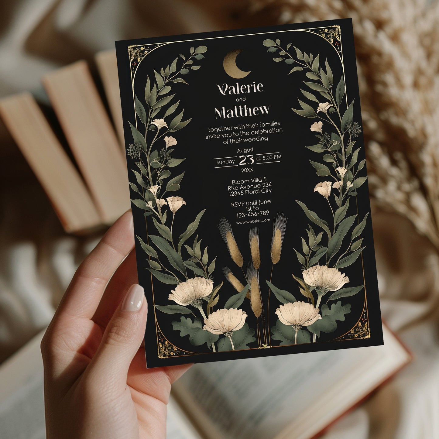 Dark Celestial Wedding Invitation Set - Black & Gold Stationery Bundle with Moon, 9-Items