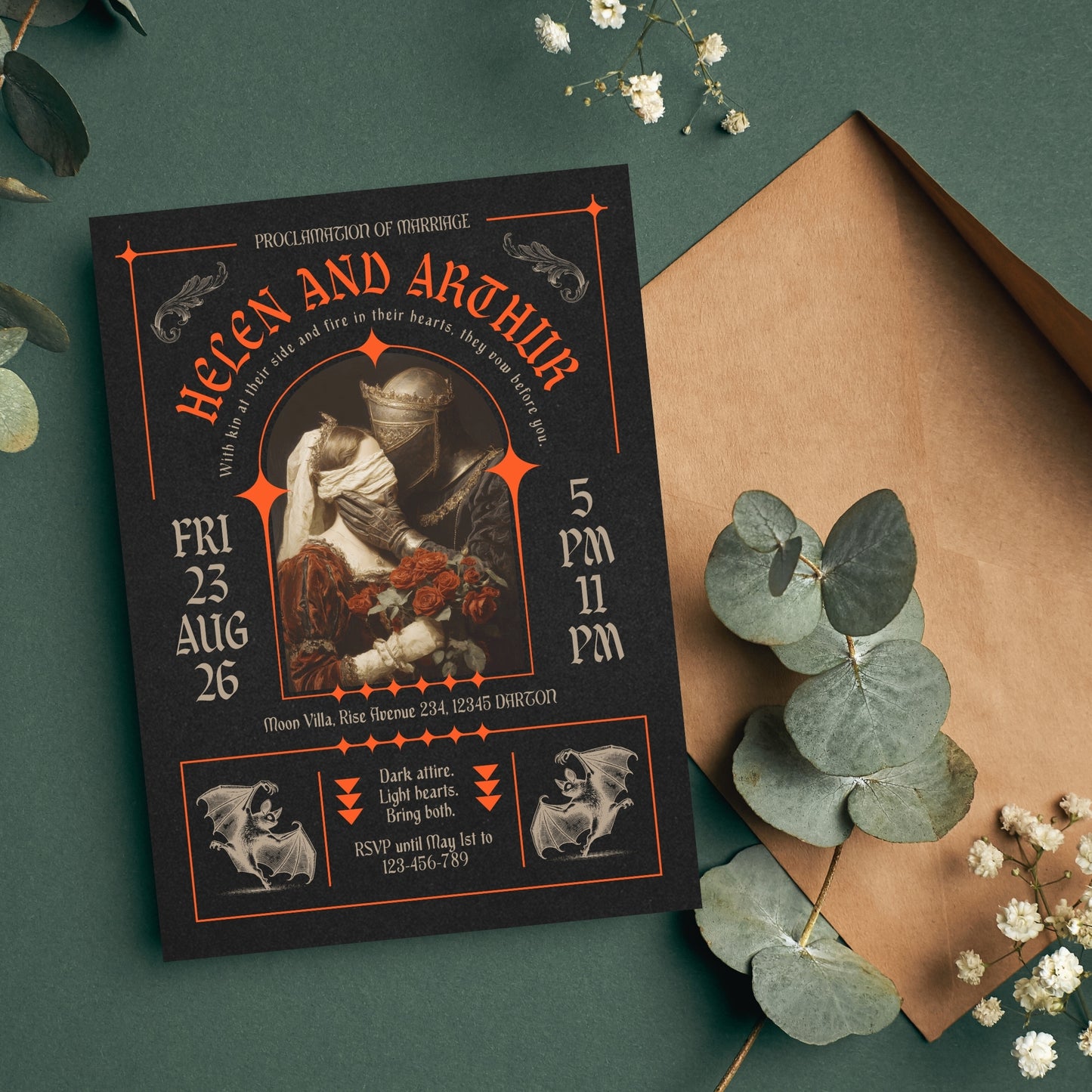 Vintage-style gothic wedding invitation with decorative brutalism elements on a green background