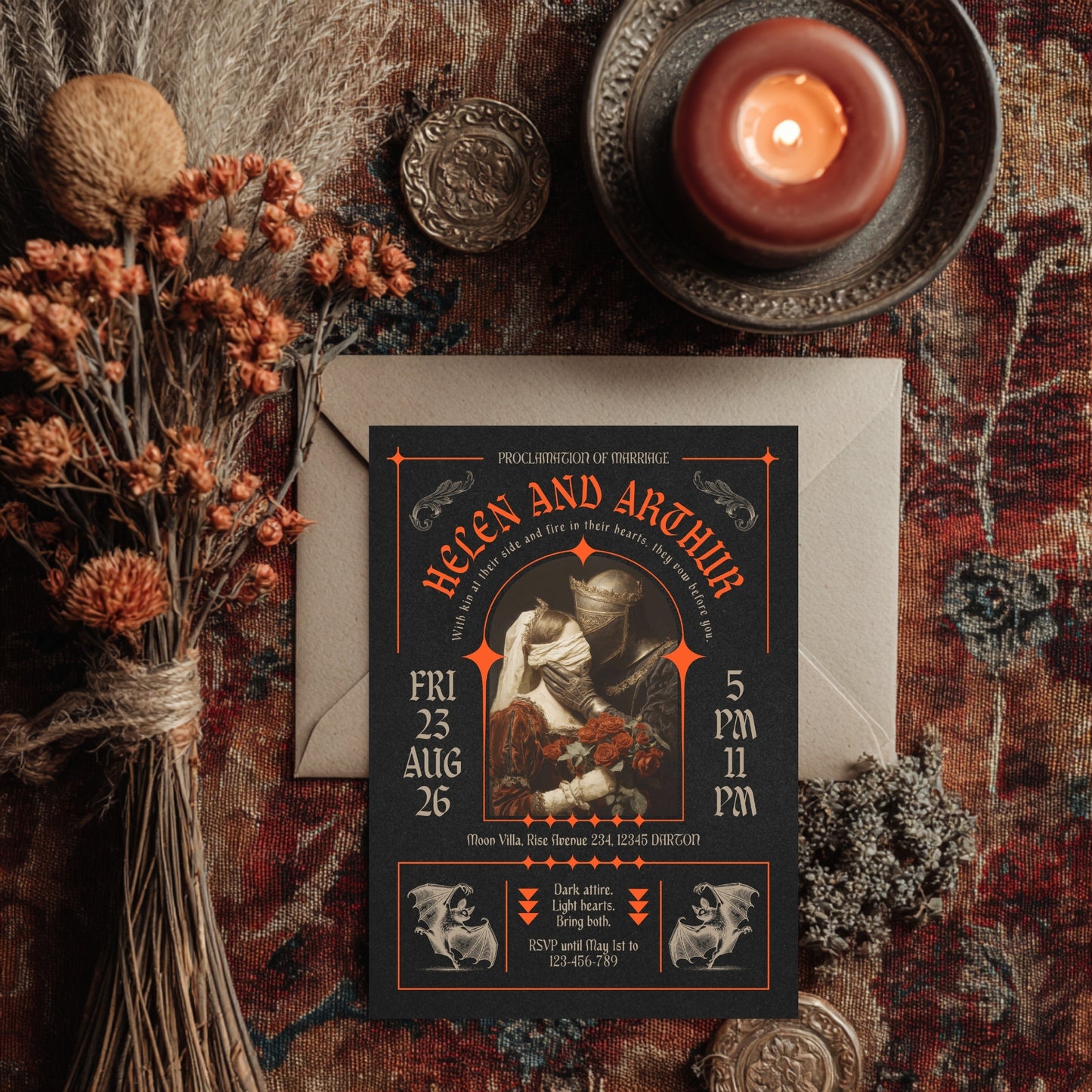 vintage gothic medieval Wedding invitation card with decorative elements on a textured surface