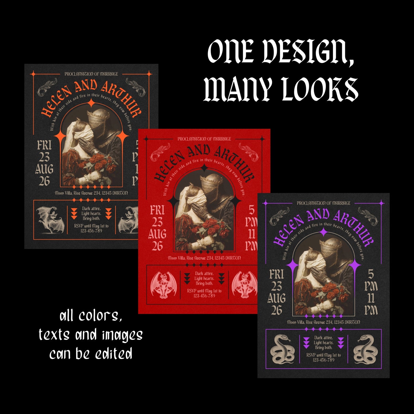 Three vintage gothic wedding invitations with different color schemes on a black background, featuring the text 'One Design, Many Looks'.