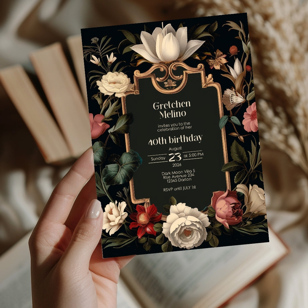 Luxurious Gothic Baroque Birthday Invitation - Elegant Black and Gold Design with Floral Motifs