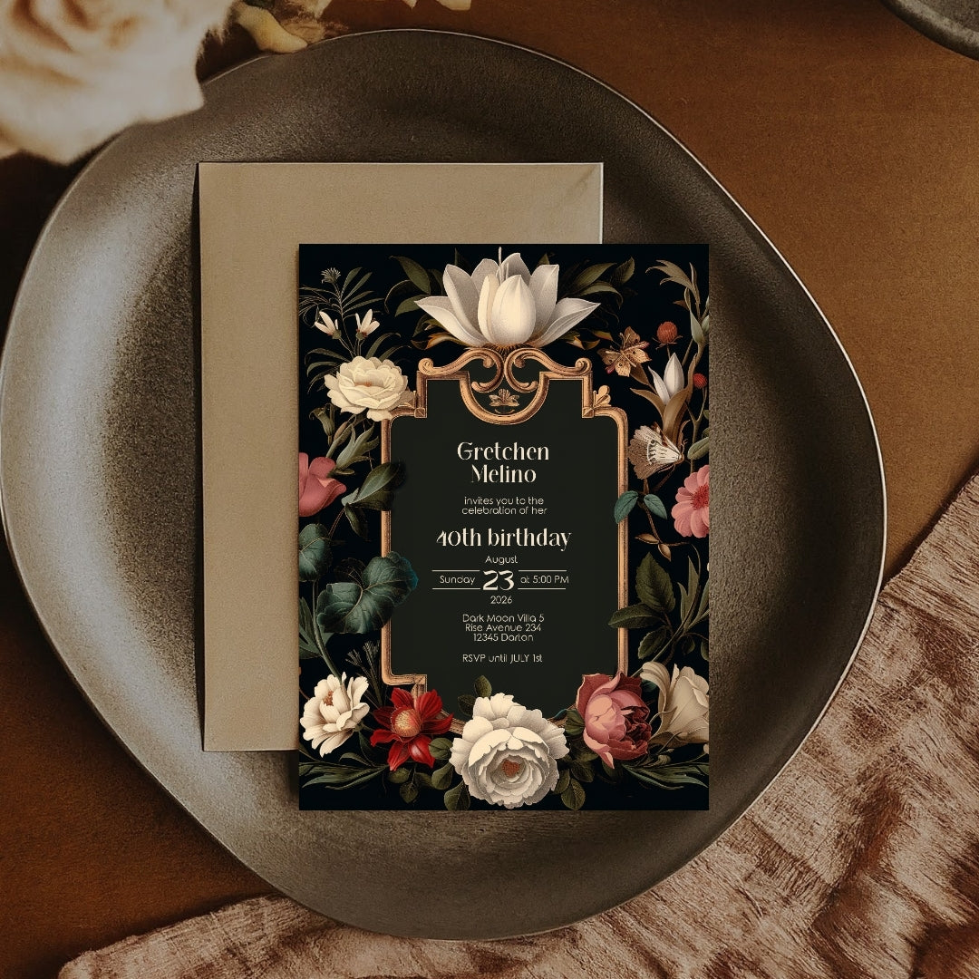 Luxurious Gothic Baroque Birthday Invitation - Elegant Black and Gold Design with Floral Motifs