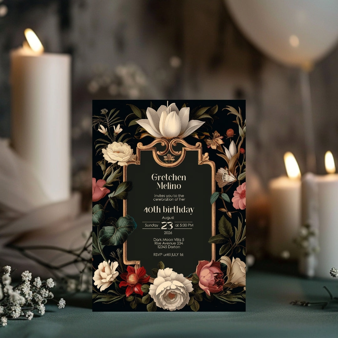 Luxurious Gothic Baroque Birthday Invitation - Elegant Black and Gold Design with Floral Motifs
