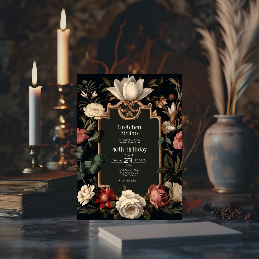 Luxurious Gothic Baroque Birthday Invitation - Elegant Black and Gold Design with Floral Motifs