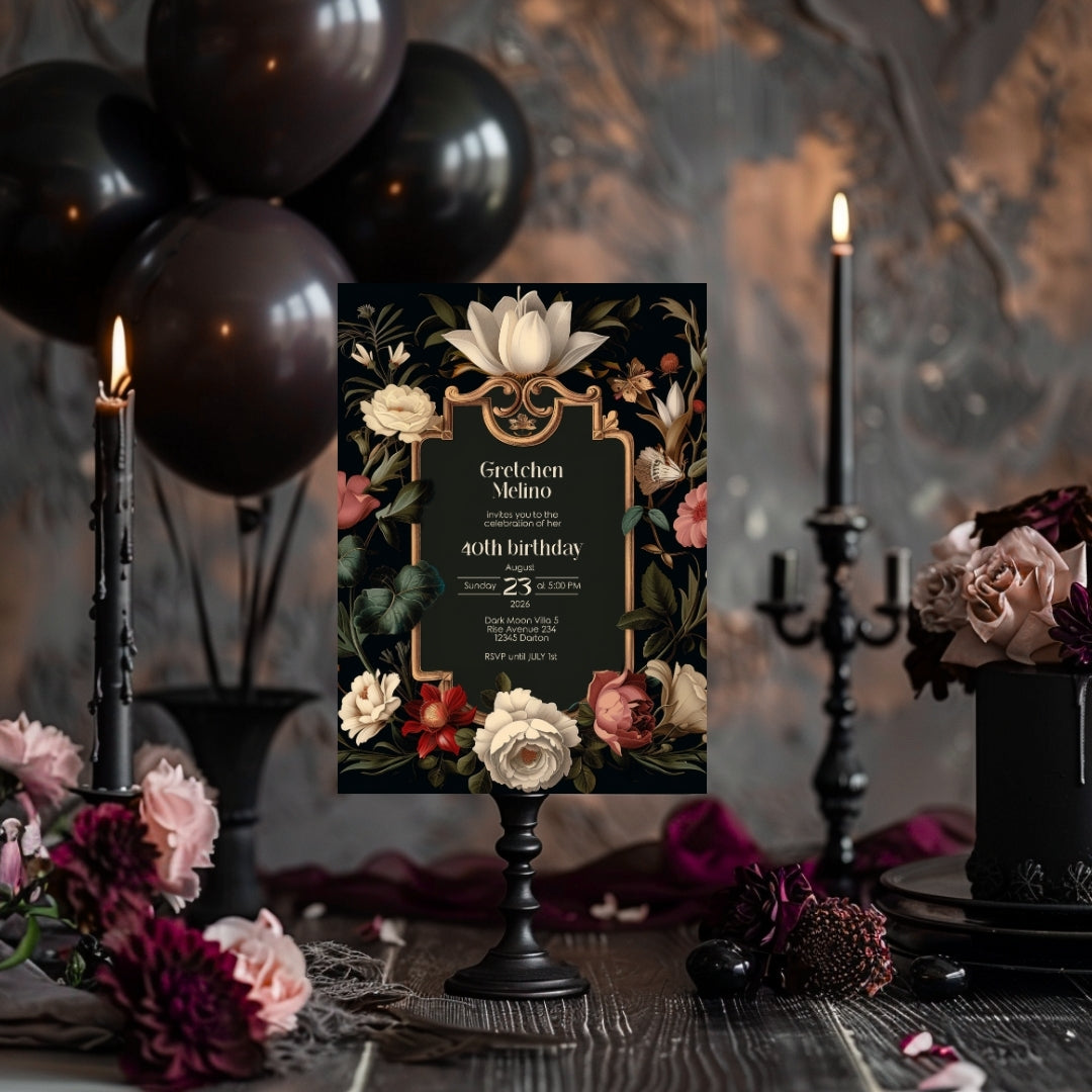 Luxurious Gothic Baroque Birthday Invitation - Elegant Black and Gold Design with Floral Motifs