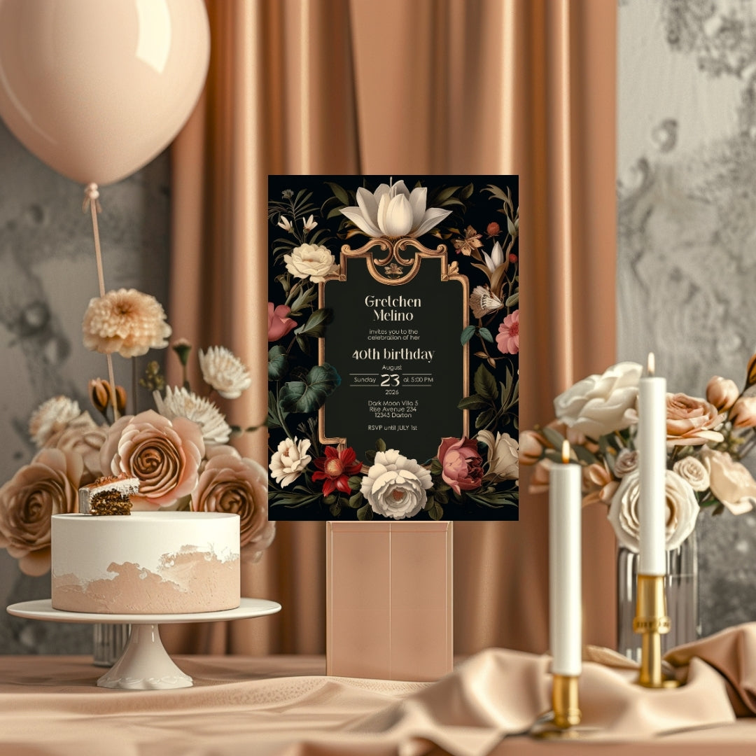 Luxurious Gothic Baroque Birthday Invitation - Elegant Black and Gold Design with Floral Motifs
