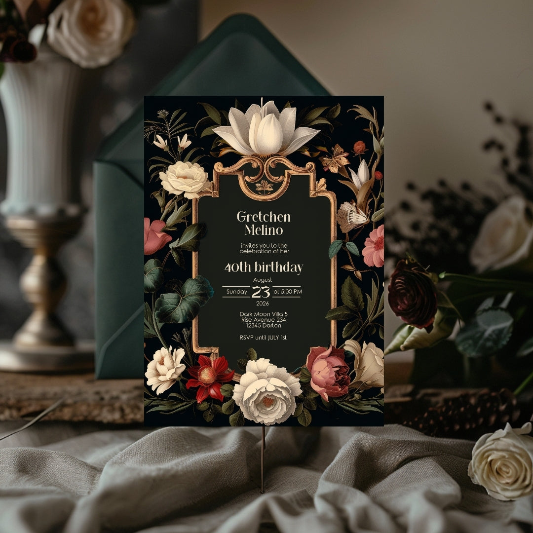 Luxurious Gothic Baroque Birthday Invitation - Elegant Black and Gold Design with Floral Motifs