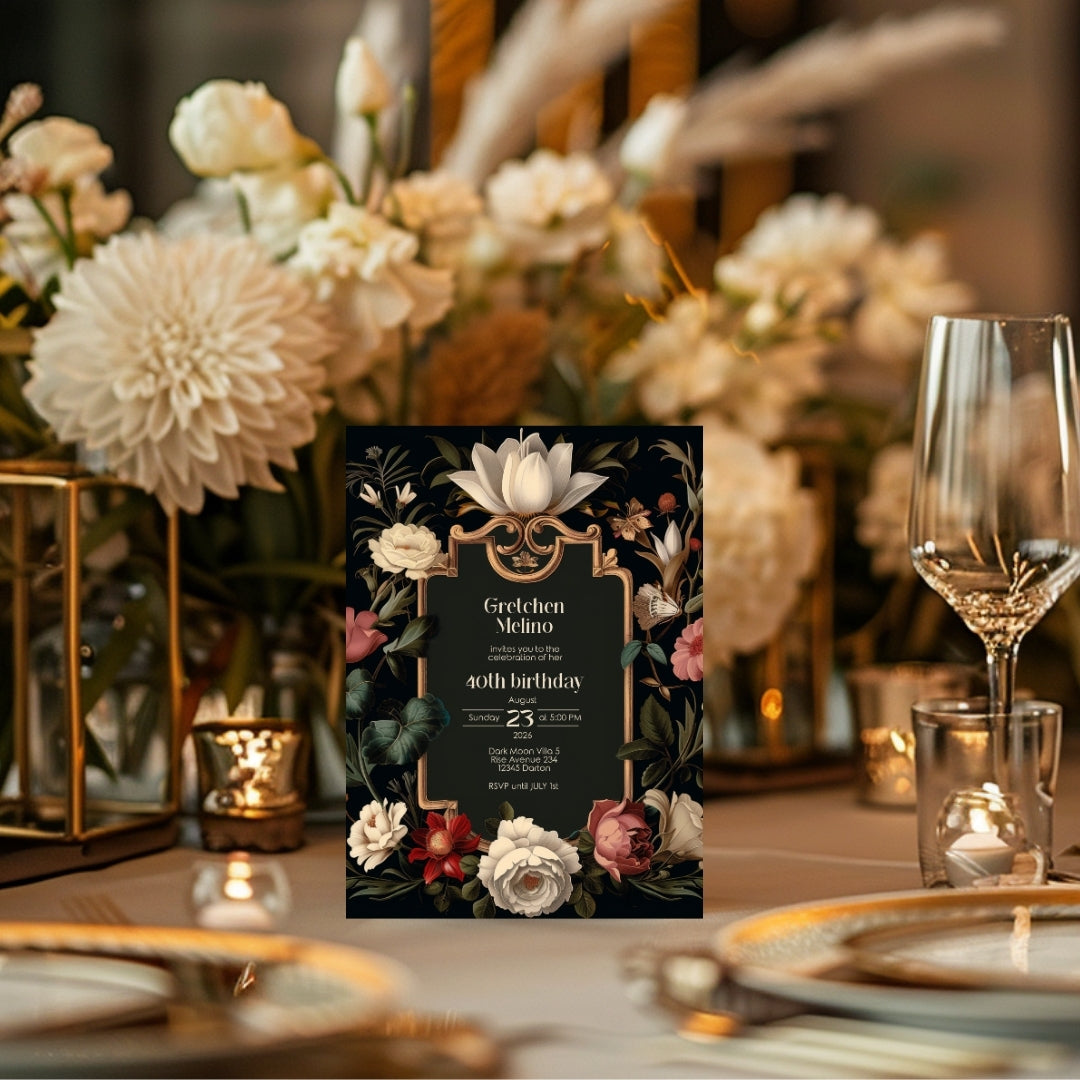 Luxurious Gothic Baroque Birthday Invitation - Elegant Black and Gold Design with Floral Motifs