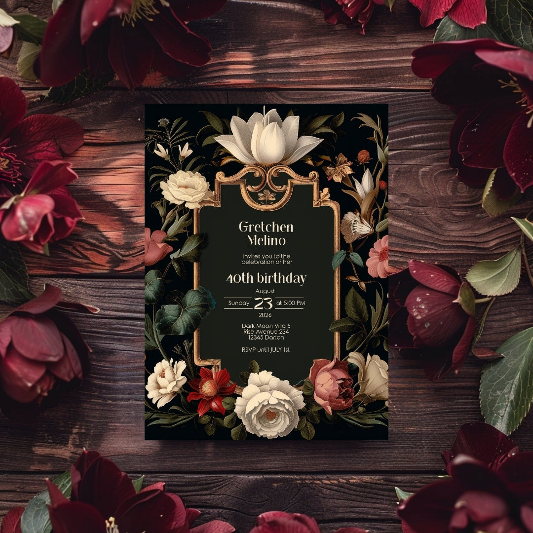 Luxurious Gothic Baroque Birthday Invitation - Elegant Black and Gold Design with Floral Motifs