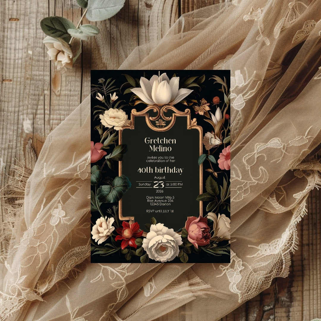 Luxurious Gothic Baroque Birthday Invitation - Elegant Black and Gold Design with Floral Motifs