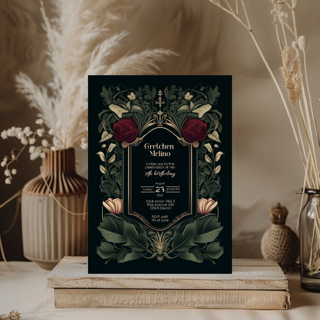 Gothic Red Rose Elegance Birthday Invitation