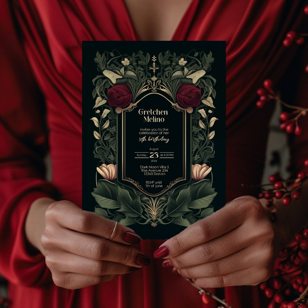 Gothic Red Rose Elegance Birthday Invitation