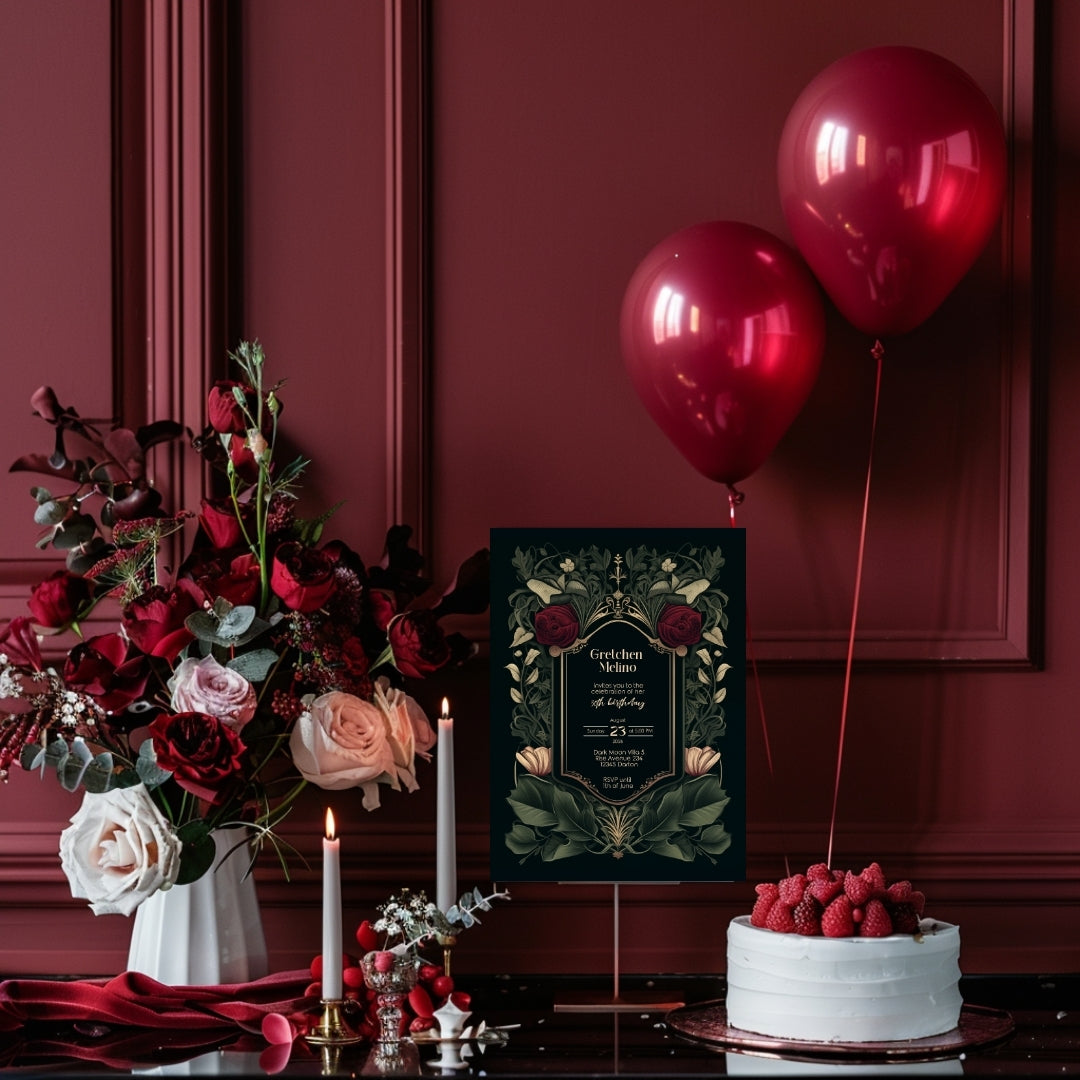 Gothic Red Rose Elegance Birthday Invitation