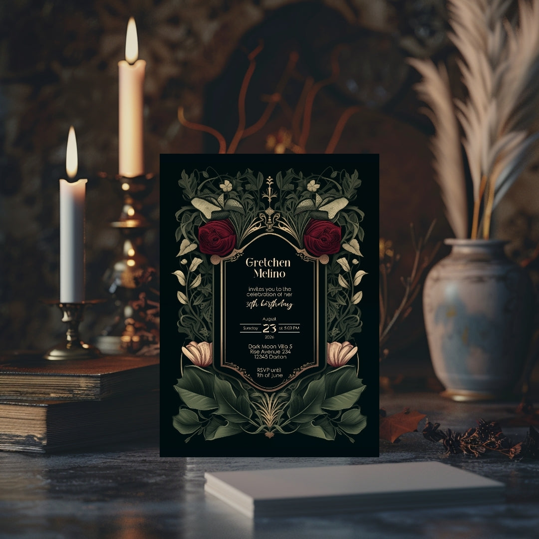 Gothic Red Rose Elegance Birthday Invitation