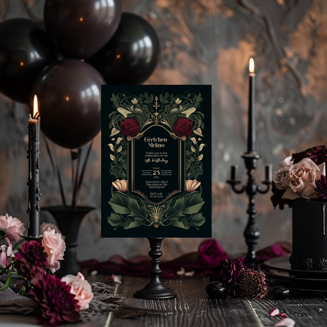 Gothic Red Rose Elegance Birthday Invitation