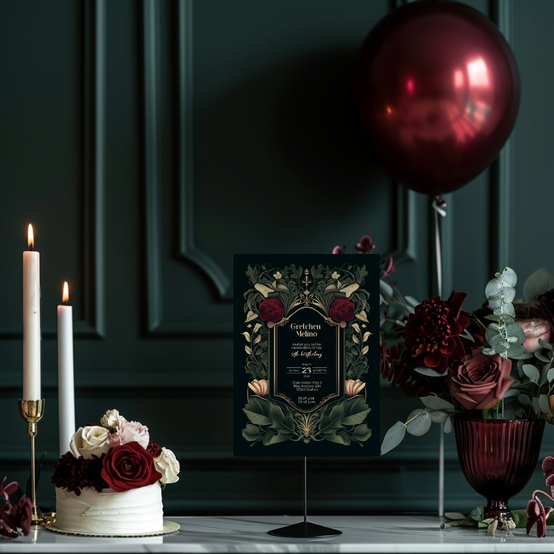 Gothic Red Rose Elegance Birthday Invitation