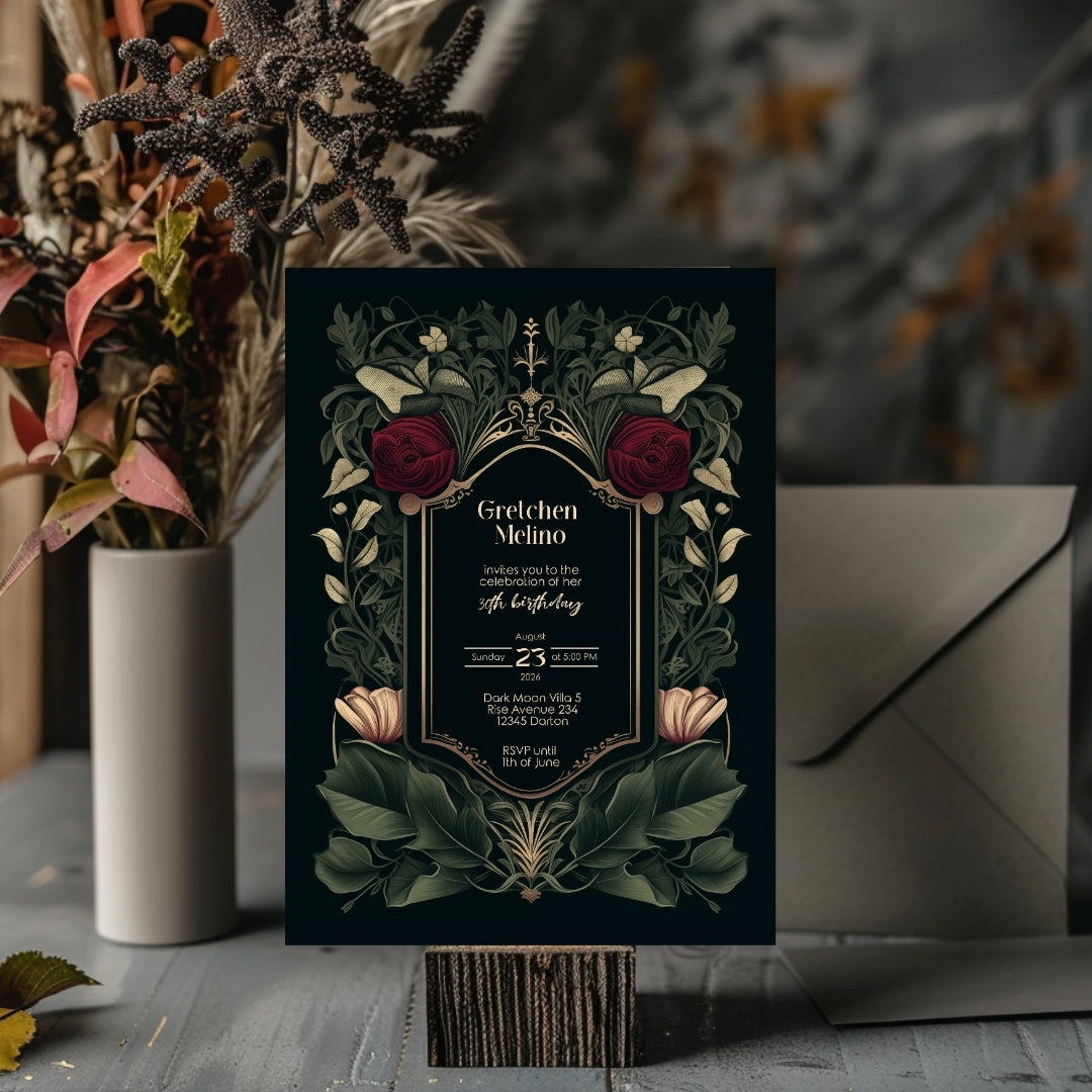 Gothic Red Rose Elegance Birthday Invitation