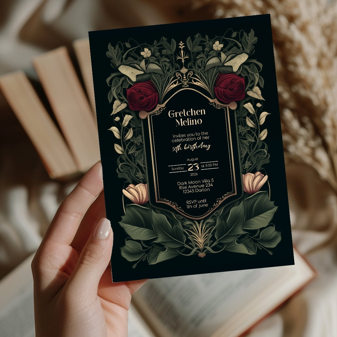 Gothic Red Rose Elegance Birthday Invitation
