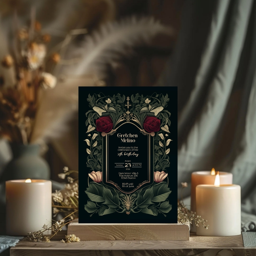 Gothic Red Rose Elegance Birthday Invitation