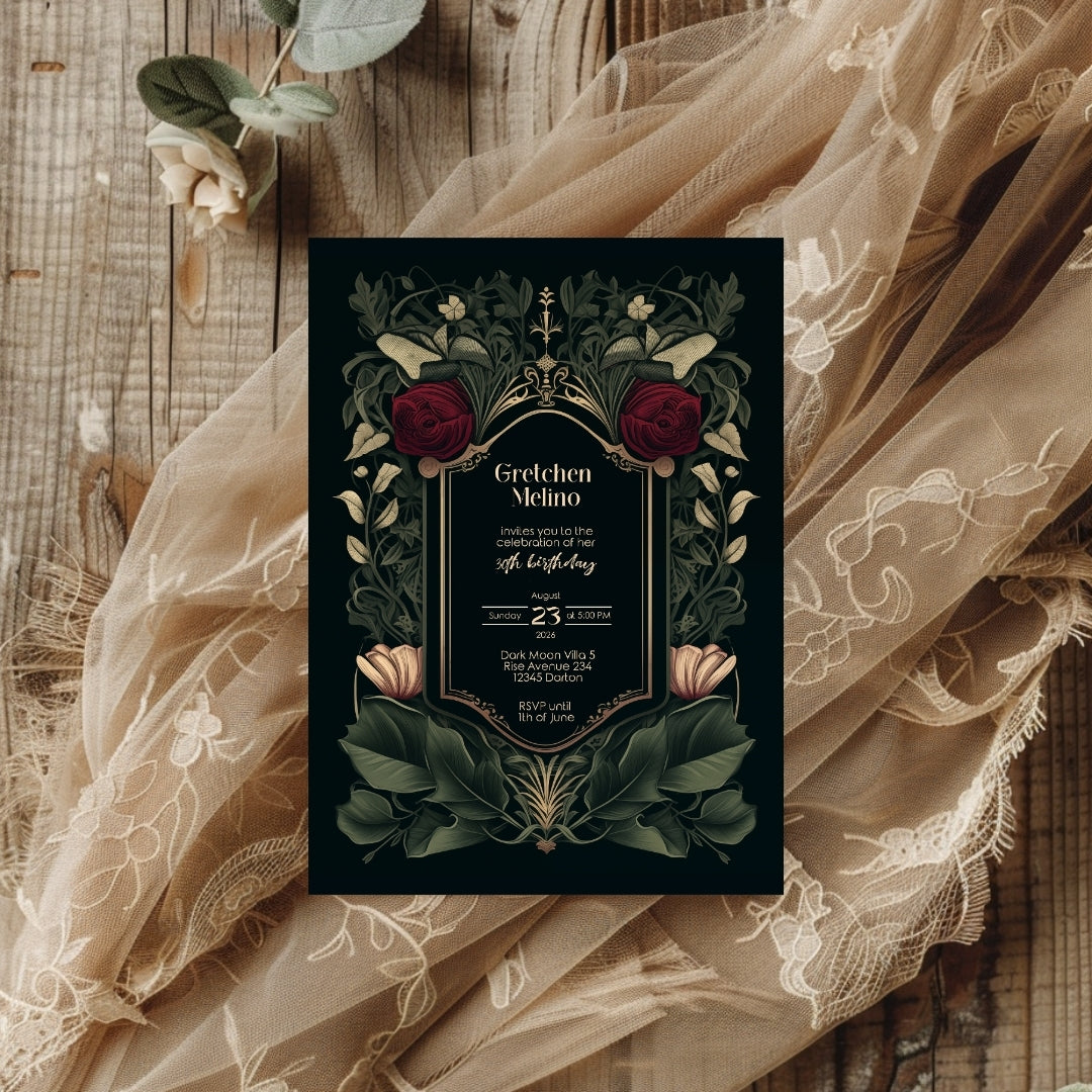 Gothic Red Rose Elegance Birthday Invitation