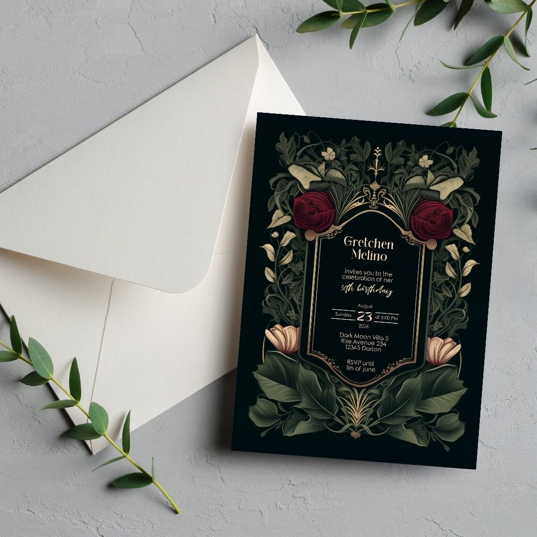 Gothic Red Rose Elegance Birthday Invitation