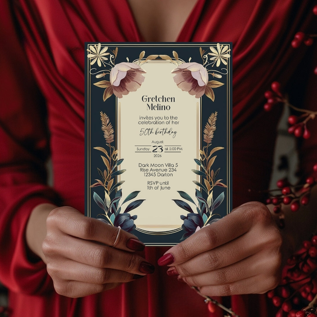Exquisite Vintage Royal Birthday Invitation - Elegant Dark Navy and Gold Floral Design