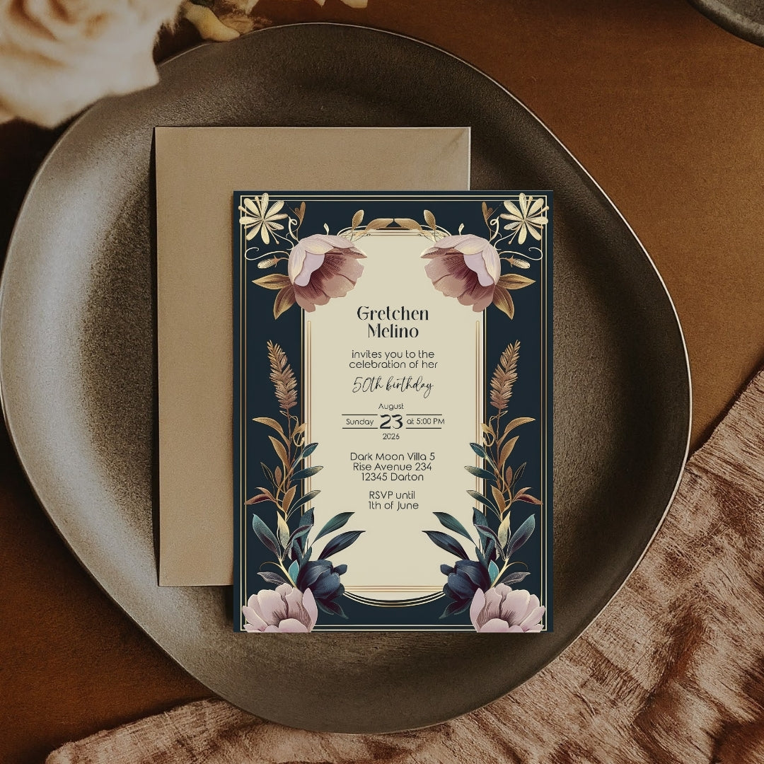 Exquisite Vintage Royal Birthday Invitation - Elegant Dark Navy and Gold Floral Design