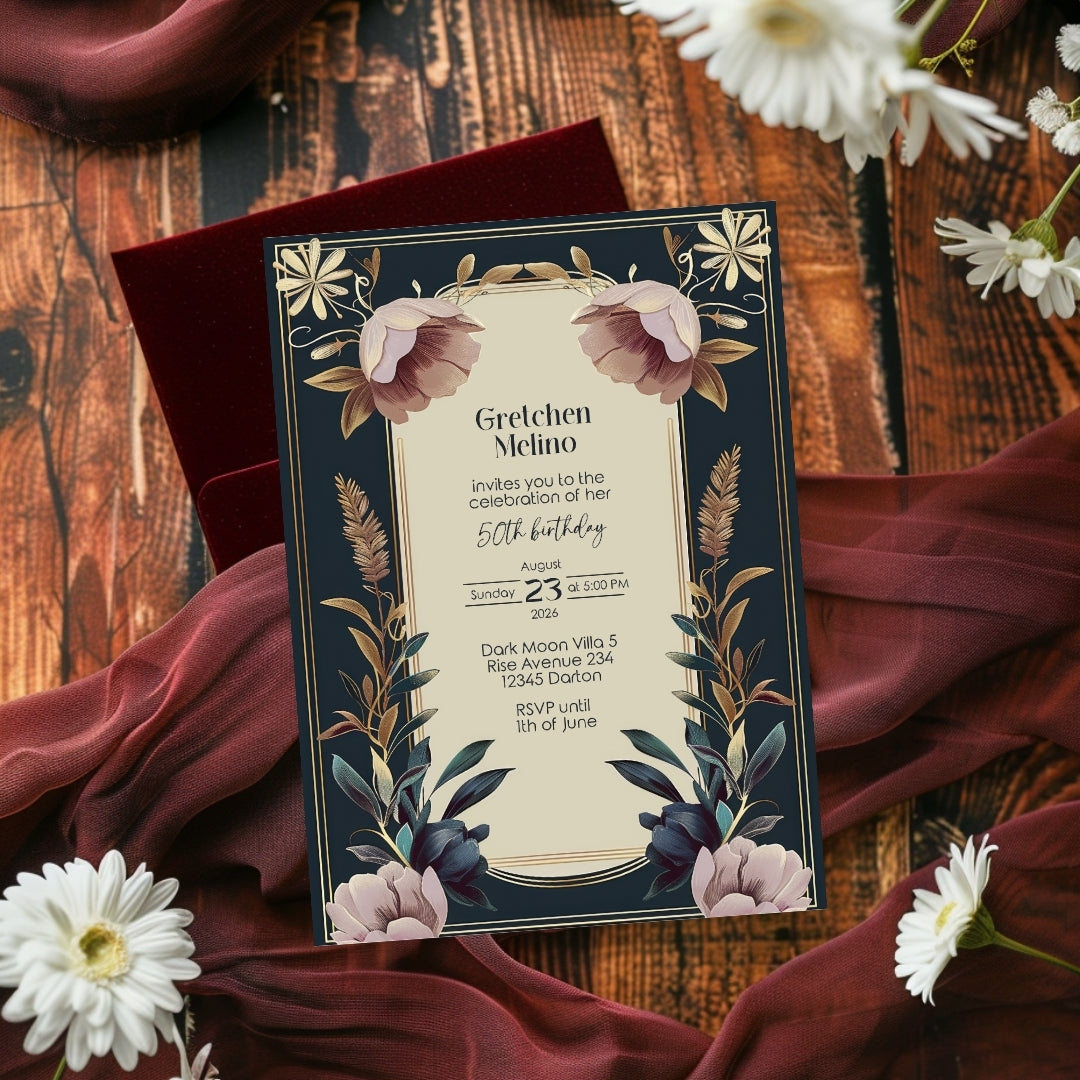 Exquisite Vintage Royal Birthday Invitation - Elegant Dark Navy and Gold Floral Design