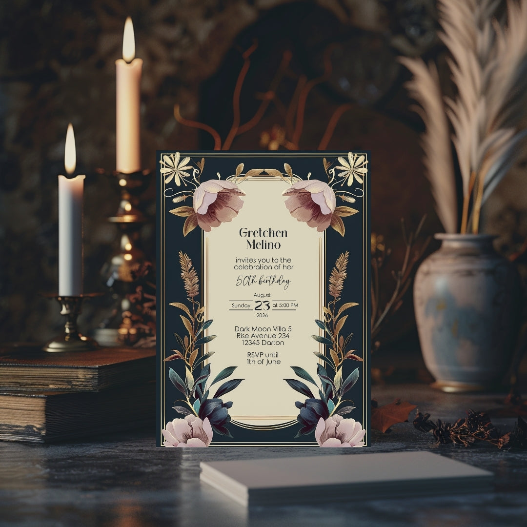Exquisite Vintage Royal Birthday Invitation - Elegant Dark Navy and Gold Floral Design