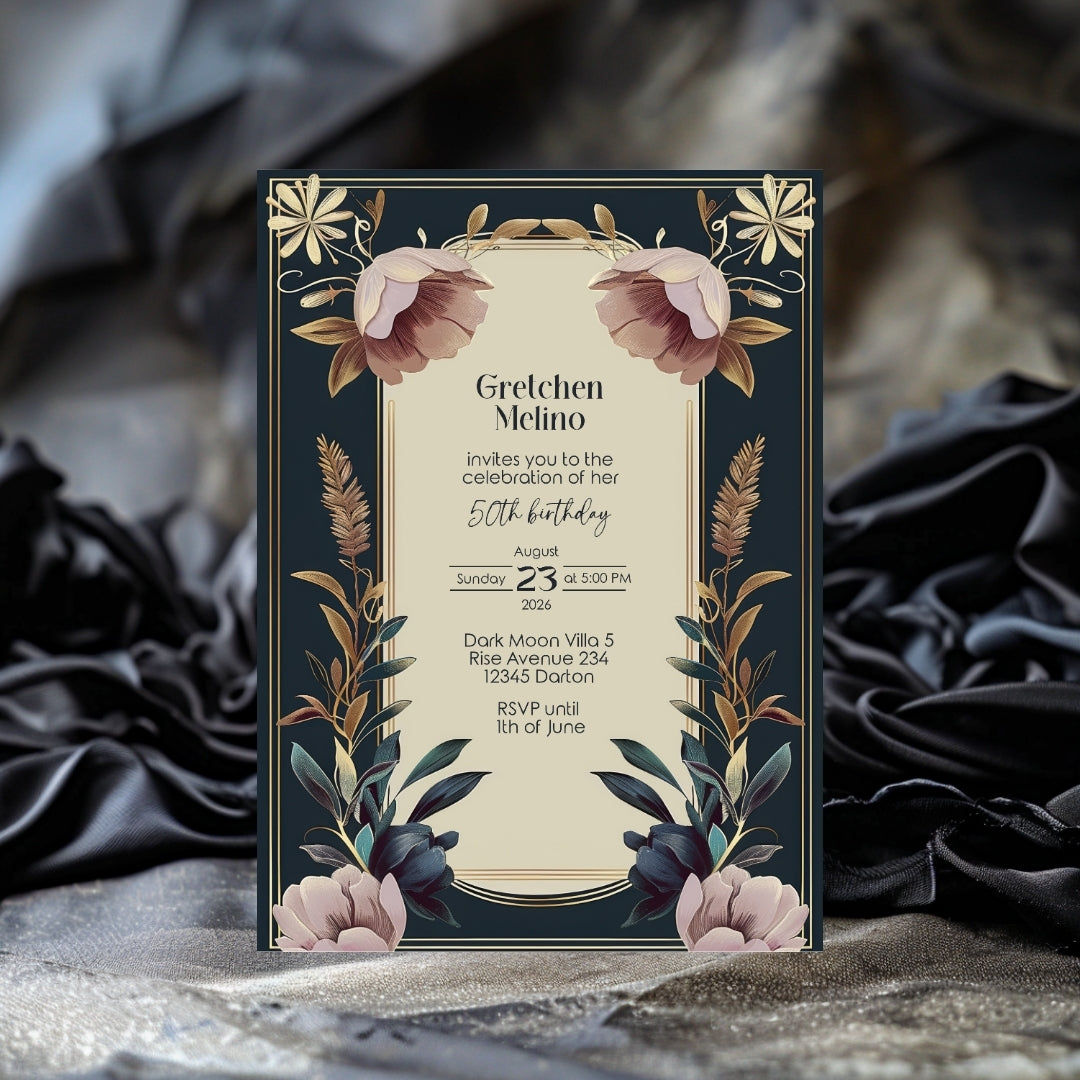 Exquisite Vintage Royal Birthday Invitation - Elegant Dark Navy and Gold Floral Design