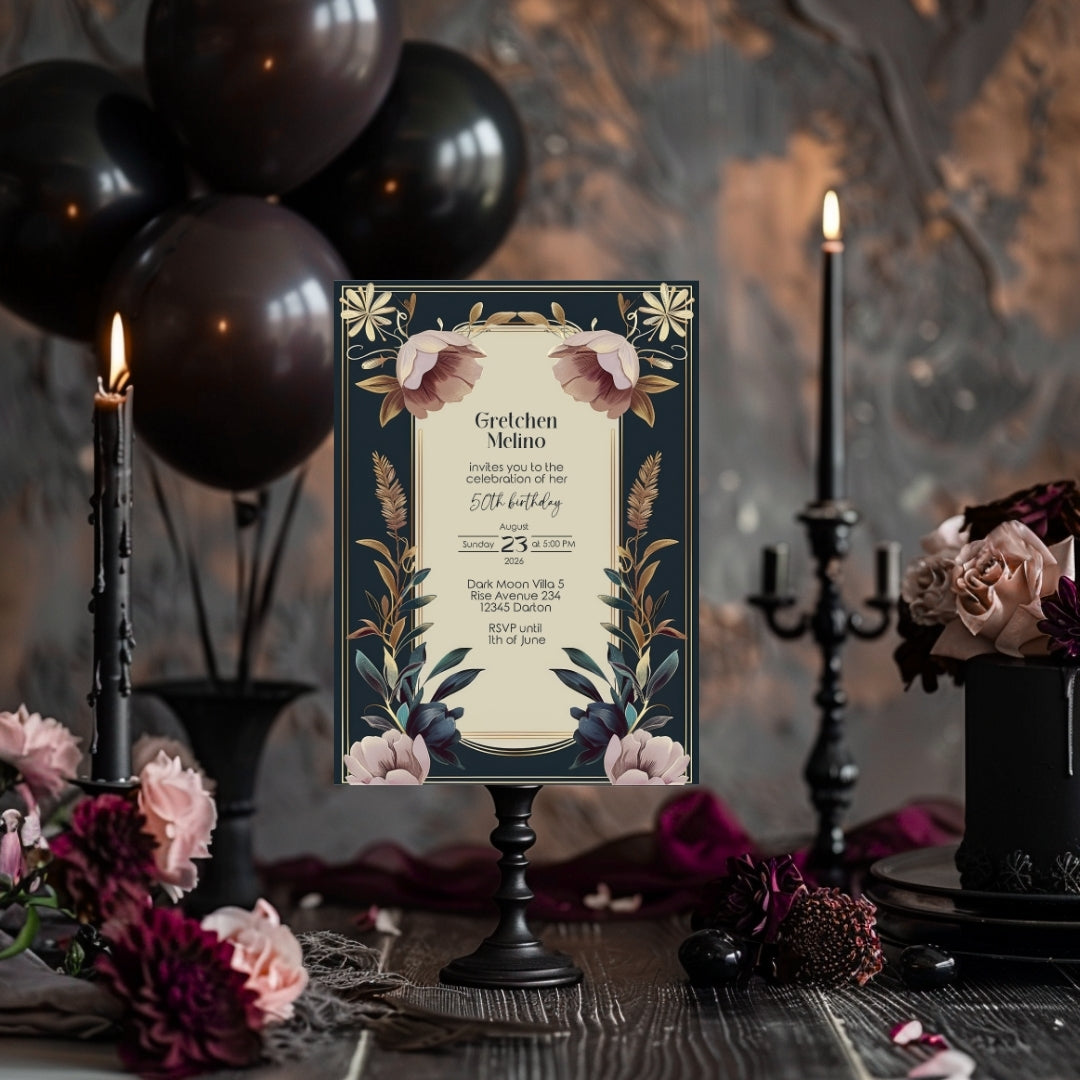 Exquisite Vintage Royal Birthday Invitation - Elegant Dark Navy and Gold Floral Design