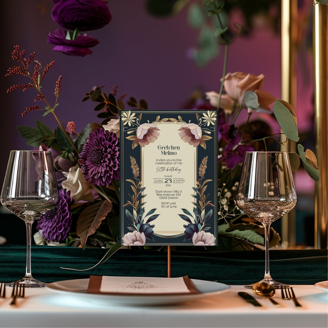 Exquisite Vintage Royal Birthday Invitation - Elegant Dark Navy and Gold Floral Design