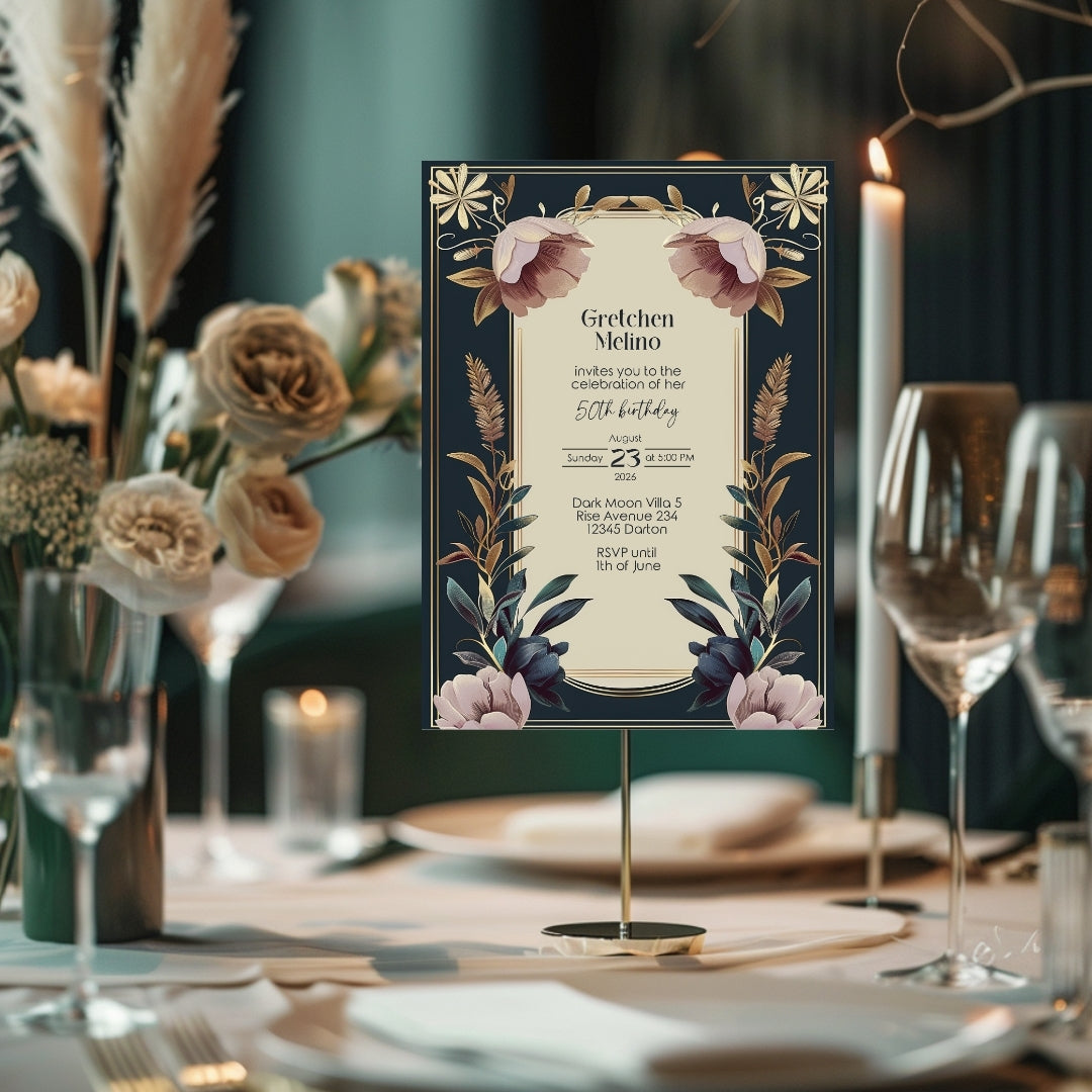 Exquisite Vintage Royal Birthday Invitation - Elegant Dark Navy and Gold Floral Design