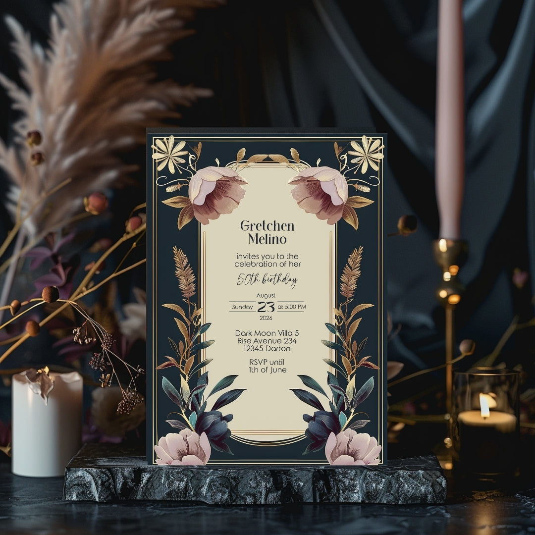 Exquisite Vintage Royal Birthday Invitation - Elegant Dark Navy and Gold Floral Design
