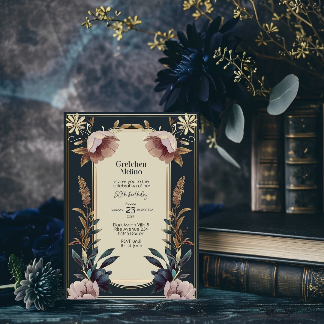 Exquisite Vintage Royal Birthday Invitation - Elegant Dark Navy and Gold Floral Design