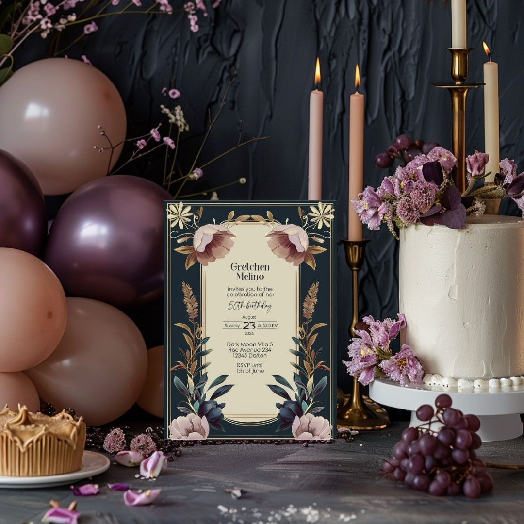 Exquisite Vintage Royal Birthday Invitation - Elegant Dark Navy and Gold Floral Design