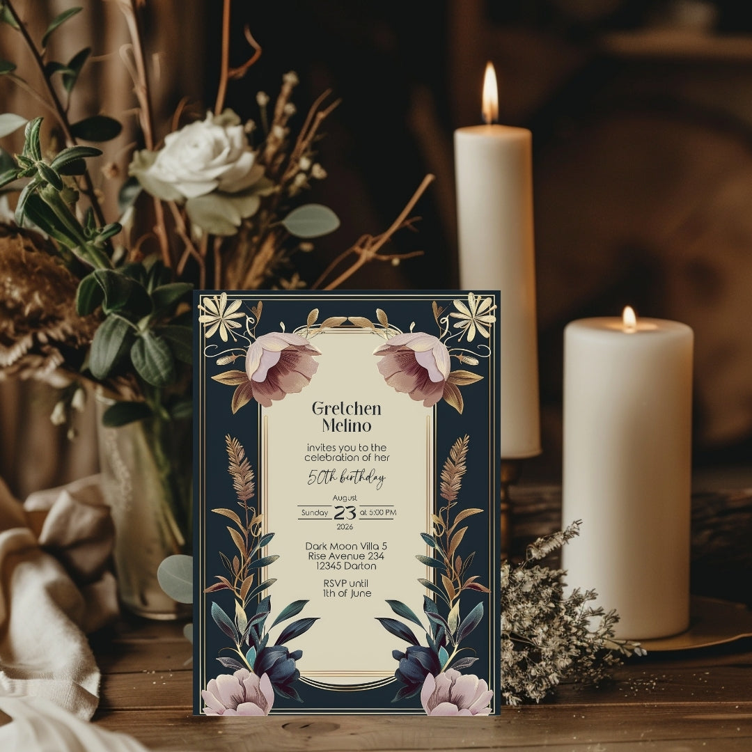 Exquisite Vintage Royal Birthday Invitation - Elegant Dark Navy and Gold Floral Design
