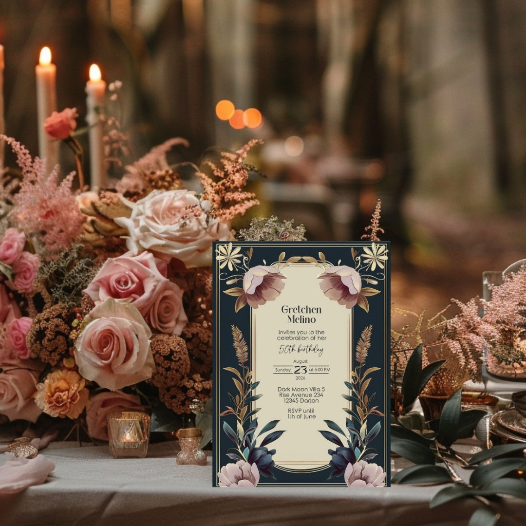 Exquisite Vintage Royal Birthday Invitation - Elegant Dark Navy and Gold Floral Design
