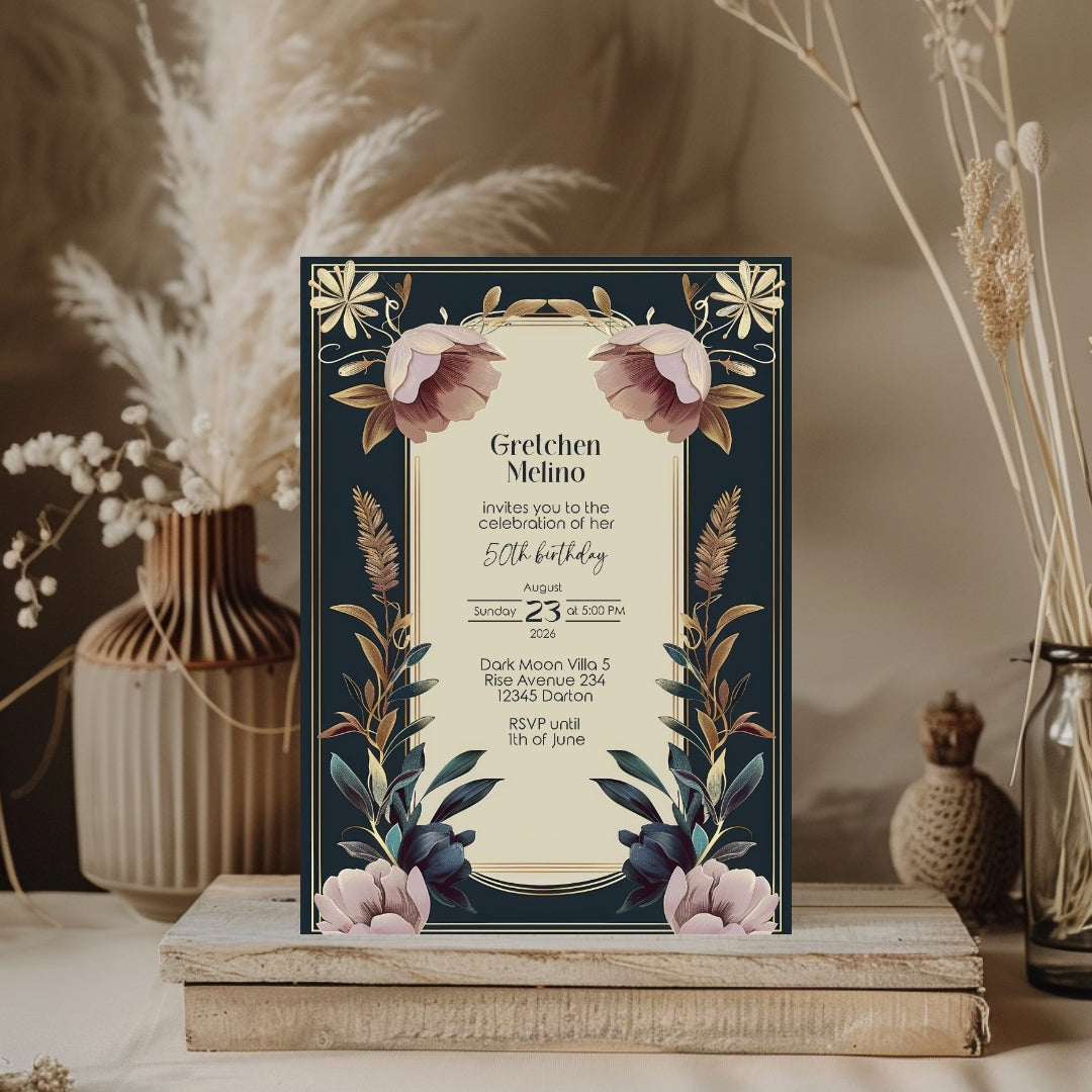 Exquisite Vintage Royal Birthday Invitation - Elegant Dark Navy and Gold Floral Design