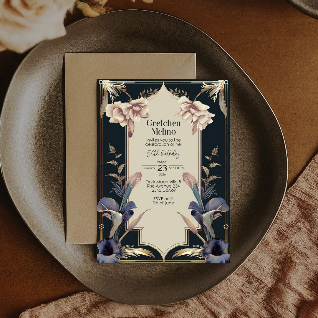Luxurious Vintage Royal Birthday Invitation - Elegant Dark Navy and Gold Design with Floral Accents