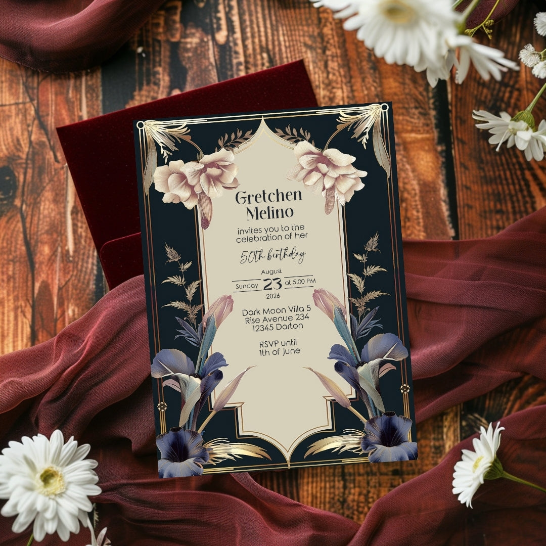 Luxurious Vintage Royal Birthday Invitation - Elegant Dark Navy and Gold Design with Floral Accents