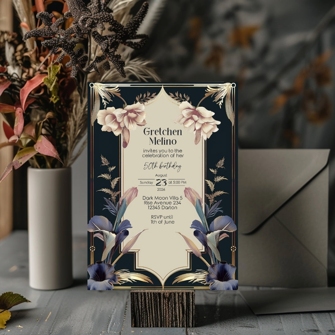 Luxurious Vintage Royal Birthday Invitation - Elegant Dark Navy and Gold Design with Floral Accents